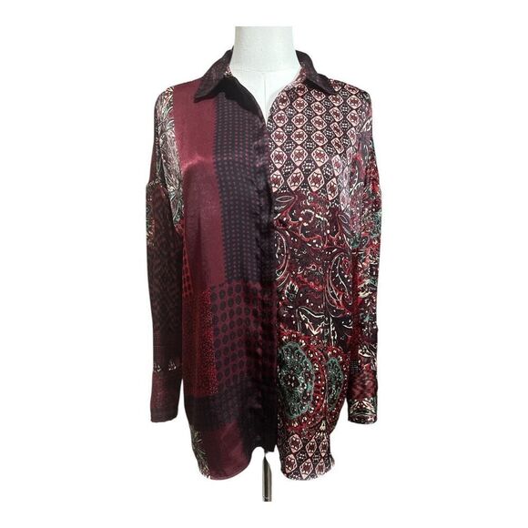 Zara Basic Women’s Size Small Red Satin Button Down BOHO Patchwork Blouse - Picture 1 of 11